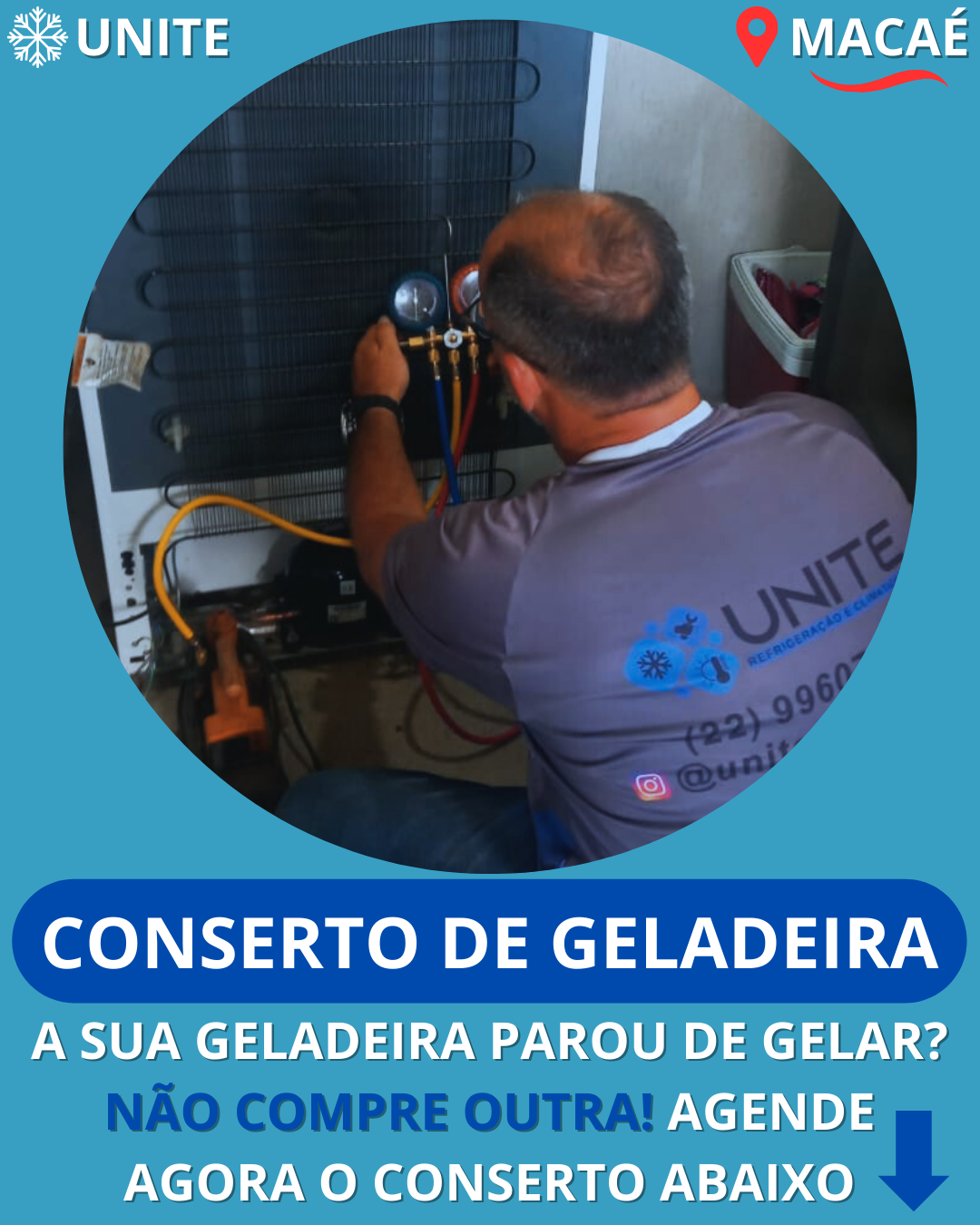 Técnico da Unite Refrigeração consertando geladeira em Macaé