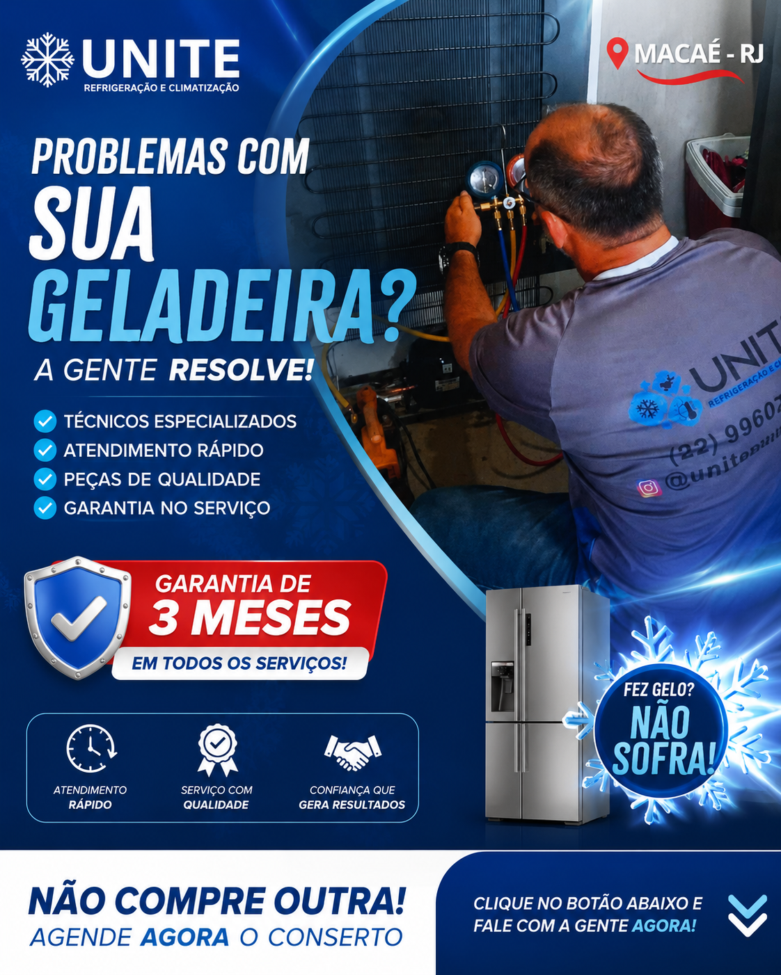Conserto de geladeira em Macaé - Unite Refrigeração, garantia de 3 meses, atendimento rápido